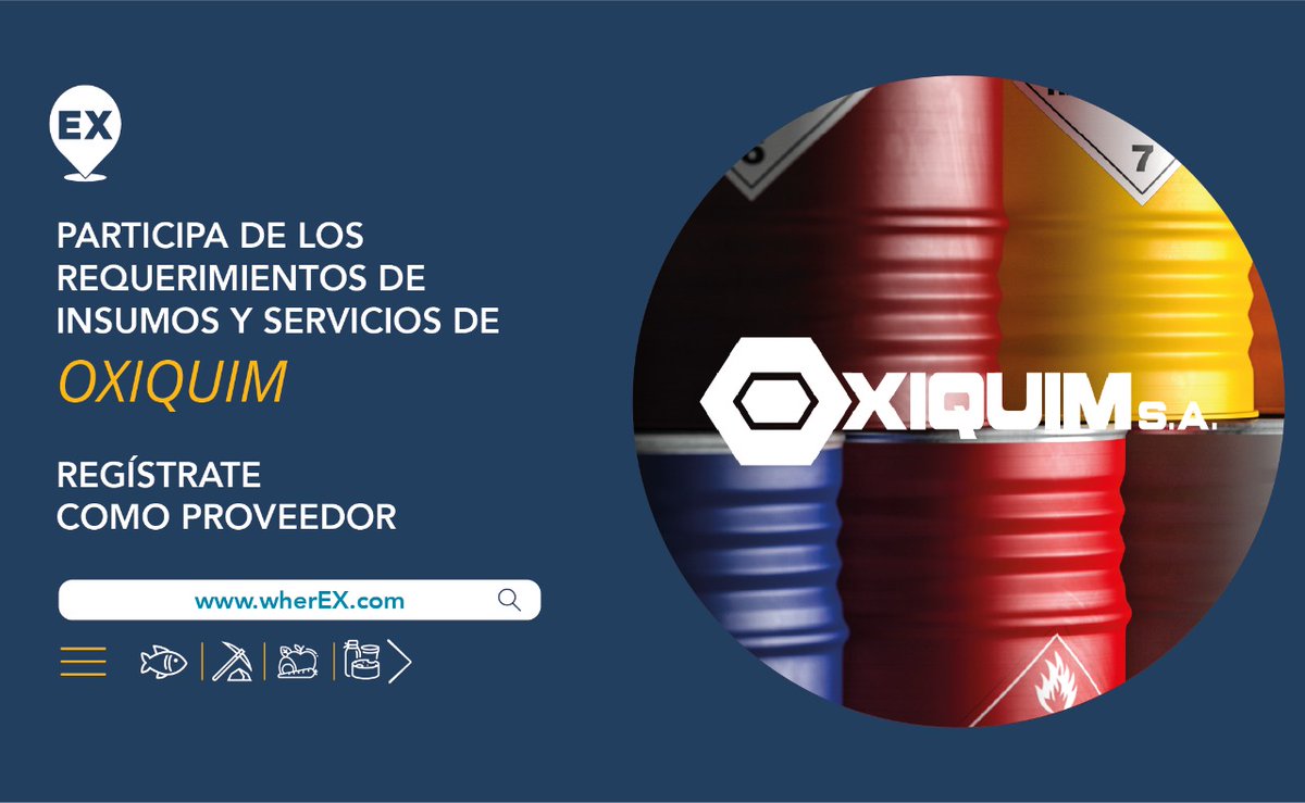 Les contamos que #oxiquim ya se encuentra #licitando en #wherEX

Si quieres ofrecer tus #productos y #servicios a ésta y otras #empresas te invitamos a registrarte en wherex.com/proveedores/re…