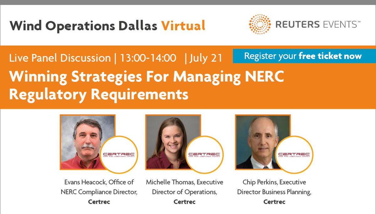 RE_Windpower's tweet photo. Join @certreccorp next Tues July 21 1pm CT for an incredible hour of presentations as they discuss ‘Winning Strategies for Managing NERC Regulatory Requirements’, PLUS an audience Q&A! Free tickets still available to join: https://t.co/1euPeWXilN
#omdallas #windenergy #virtual https://t.co/hZshIMYJCI