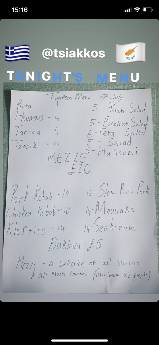 tsiakkosw9's tweet photo. Tonight’s menu July 17th #London #greek #cypriot #maidavale #takeaway #nextlevel https://t.co/sI4Go5Jj12