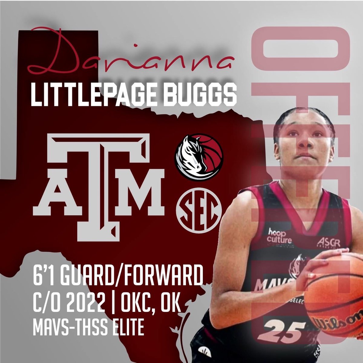 OKC_THSS_ELITE's tweet photo. Congratulations to @DariannaBuggs22  on her offer from HC @CoachGaryBlair,  ASST @CoachADubAggie &amp; @AggieWBB 
#AggieLand
@Mavs_Elite_THSS
@pd
@CO_BBallReport 
@dbuggs35 
@dehigh14 https://t.co/ghFwtRprss