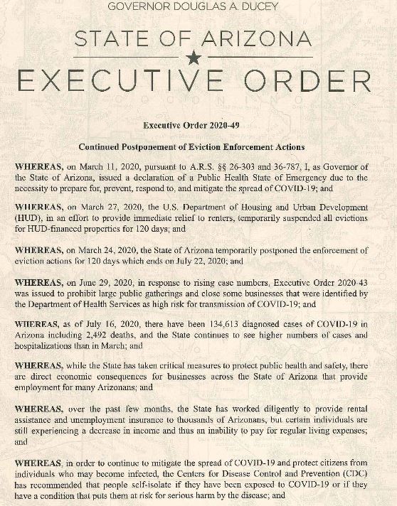StateLibAZ's tweet photo. Most current list of COVID-19 related Executive Orders from Governor Doug Ducey as of July 17, 2020 at 7:20am (41 total).
Includes the most recent Executive Order on Postponement of Eviction Enforcement Actions.
https://t.co/OGlb5V1jqr
#ArizonaStatePublications #COVID19inAZ https://t.co/4rUMeTjDKp