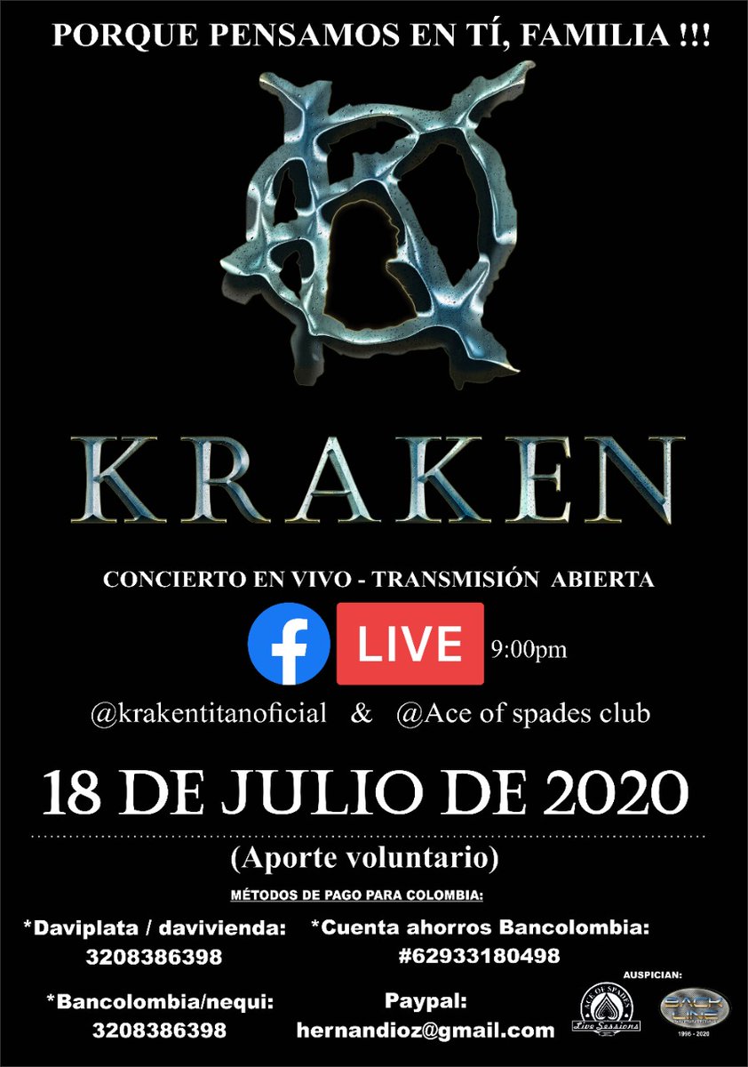 krakenTitanOfi's tweet photo. Estamos preparando para ustedes un gran repertorio con éxitos de todas las épocas, para que nos conectemos y vibremos con el Titán que llevamos dentro.  Nos vemos mañana las 9:00 p.m  a través de nuestro FACEBOOK LIVE.
#KrakenTitan #Kraken  #RockColombiano #Rock https://t.co/4hdcEslMpW