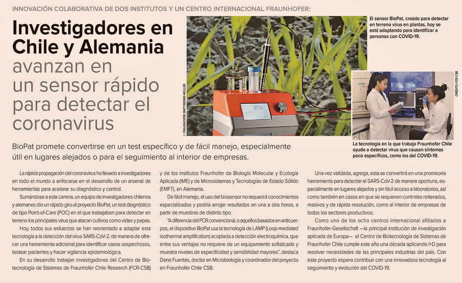 FraunhoferChile's tweet photo. En Chile y Alemania investigadores de @Fraunhofer avanzan en un sensor rápido para detectar el #coronavirus. #BioPat promete convertirse en un test específico, rápido y de fácil manejo, útil en lugares alejados o para seguimiento al interior de empresas https://t.co/Ghm7HfMdBo https://t.co/lx1hg5p5DN
