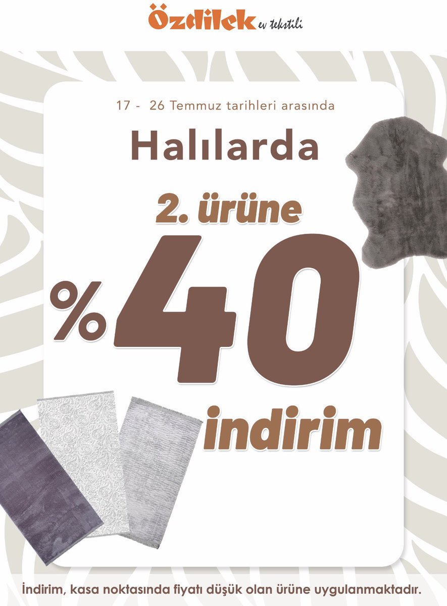 Küçük dokunuşlarla evinizin atmosferini değiştirin ! 🤍

📍17-26 Temmuz tarihleri arasında Halılarda 2. Ürüne %40 indirim fırsatını kaçırmayın..!😉

Ürünleri görmek için mağazamıza davetlisiniz.🌿
@özdilekevtekstili  
#ByzOutlet #Avm #AlısverisinHerRengi  #Özdilek #Halı #İndirim