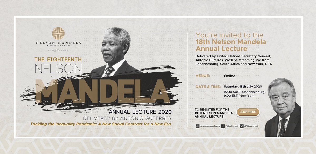NelsonMandela's tweet photo. Join us tomorrow as @AntonioGuterres delivers the 18th Nelson Mandela Annual Lecture, entitled 'Tackling Inequality: A new social contract for a new era'. 

Register: https://t.co/KKROG1yLB6 https://t.co/Arfs6sd2nD