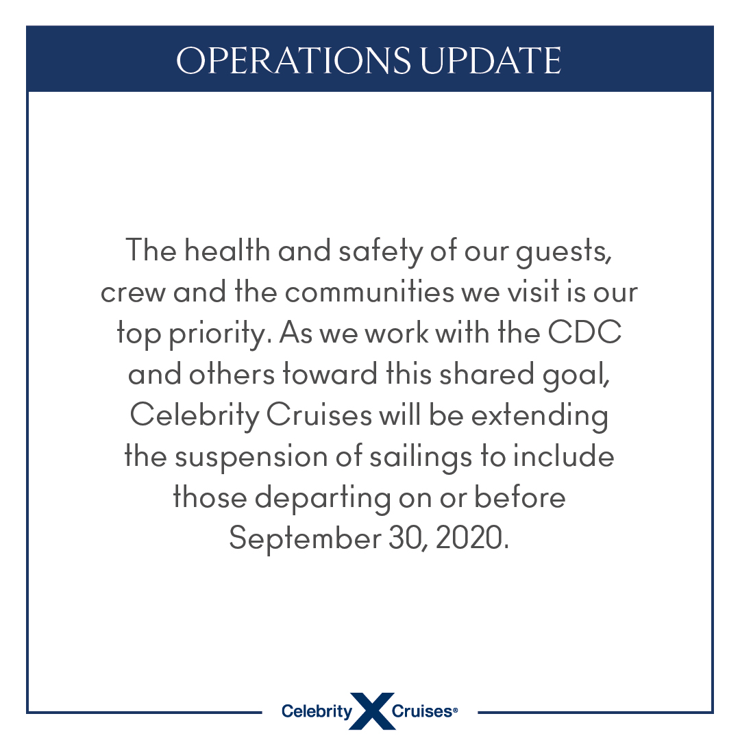 The health and safety of our guests, crew and the communities we visit is our top priority. As we work with the CDC and others toward this goal, Celebrity Cruises will be extending the suspension to include sailings departing on or before Sept 30, 2020. bit.ly/3hcxozo