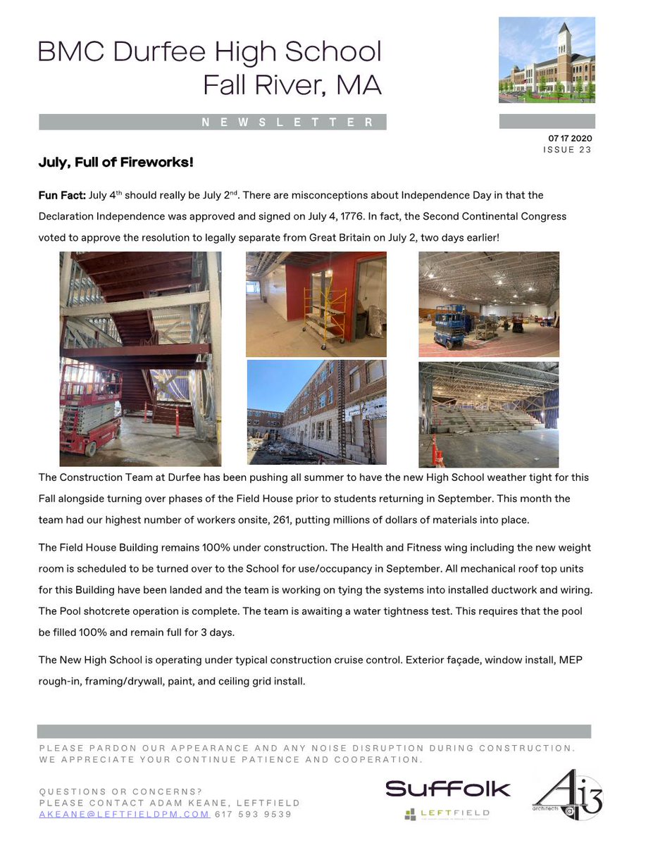 DurfeeRising's tweet photo. July Durfee High School Newsletter.... #Suffolkbuilds #Construction #ProveImpossiblewrong https://t.co/8JXB2znFuu