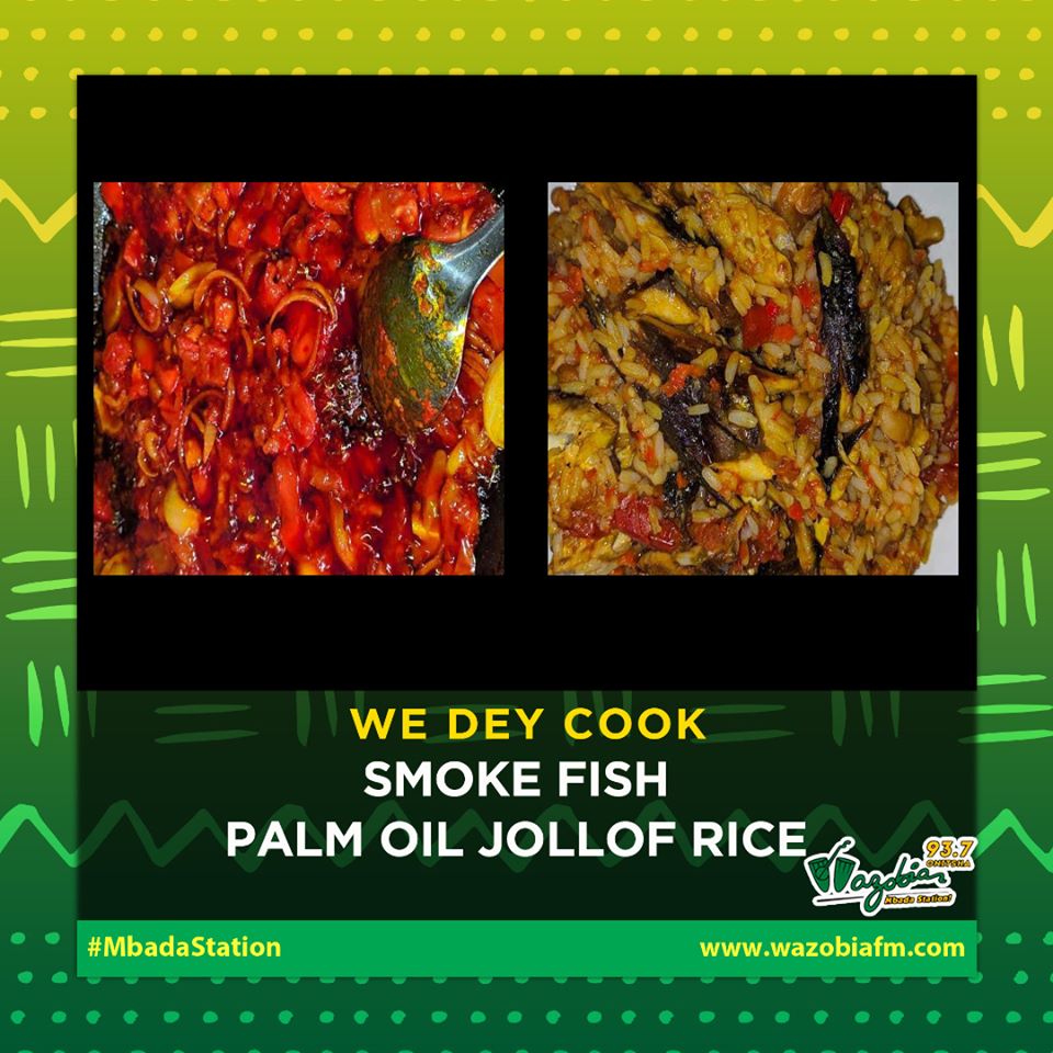 WazobiaOnitsha's tweet photo. #AwaKitchen Wit #FirstLady @tochi_wazobia 3pm-4pm
#WeDeyCook: SMOKED FISH - PALM OIL JOLLOF RICE.
#INGREDIENTS:
3 Cups of Rice
Smoked Fish
Palm Oil
Crayfish
Tiger Chilli Pepper
Fresh Tomatoes
Onions
Fresh Pepper
Larsor Fish Seasonings
Salt https://t.co/7juTB78Ju1