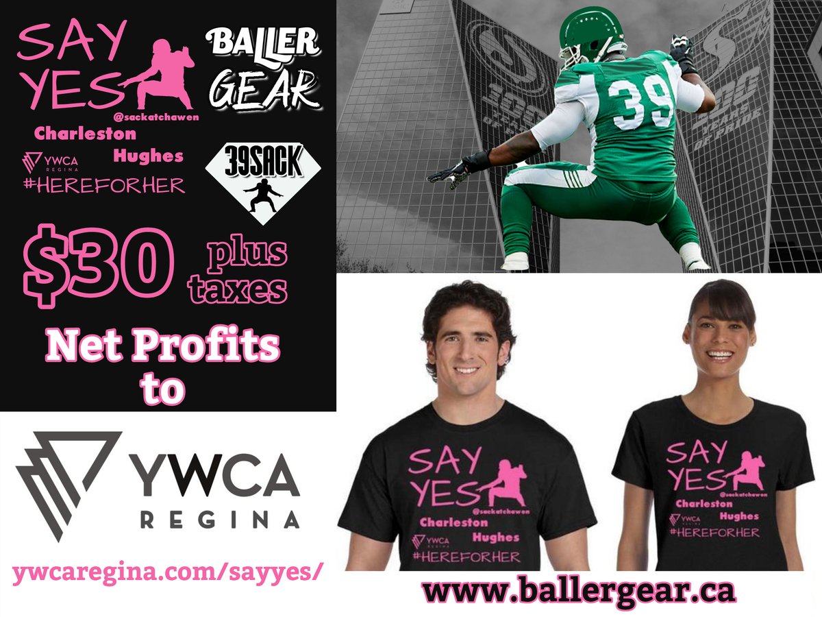 Attn #RiderNation with recent news from <a href="/FCCagriculture/">Farm Credit Canada</a> matching donations to <a href="/YWCARegina/">YWCA Regina</a> #SayYes Campaign till July 25th. 

You can help support by purchasing the limited edition @sackatchawen #HereForHer tees for $30 plus tax. 
Includes #freeshipping 

ballergear.ca/products/sacka…