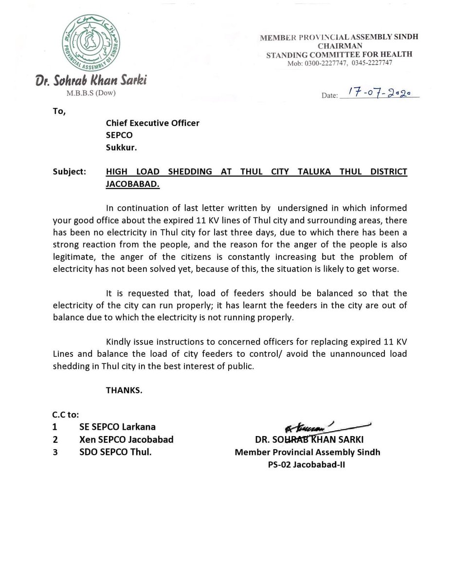 SohrabSarki's tweet photo. Despite the intense of Heat, SEPCO has not been running electricity in Thul city for last three days, I have also raised my voice on the floor of Sindh Assembly and I am writing to the administration of SEPCO again &amp; again. #SEPCO https://t.co/lzjpYo7G3X