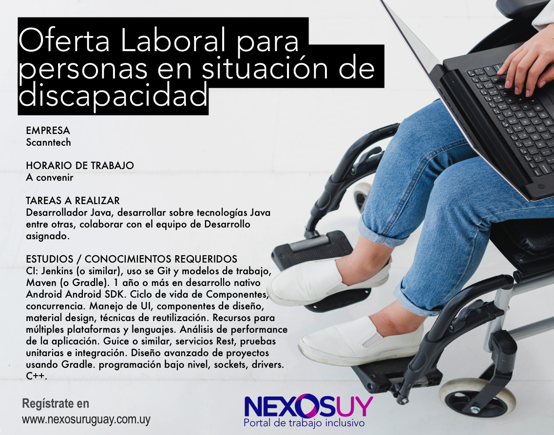 NexosUruguay's tweet photo. Oferta laboral para personas en situación de #discapacidad 
Regístrate en https://t.co/1mB3o6AYp7 https://t.co/SoQ3qrpy9O