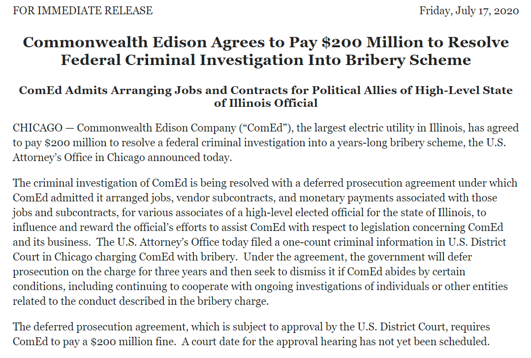 Commonwealth Edison is confessing to the crimes as part of a deferred prosecution agreement with a $200M fine and a requirement that they fully cooperate & hand over the  #receipts many of which are detailed in the information & agreement!