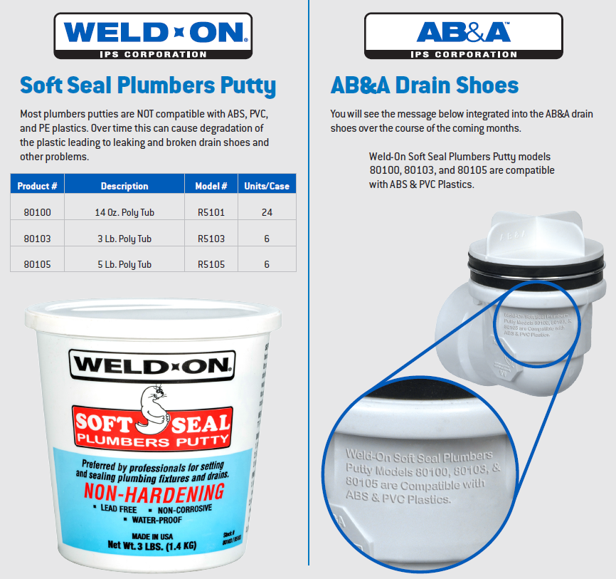 IPSCorporation's tweet photo. Not all putties are the same.... 

Is your putty approved for use on ABS, PVC, and PE? 

READ THE LABEL!

Soft Seal Plumbers Putty will not compromise the integrity of ABS, PVC and PE products. https://t.co/DtBzFxUHHM