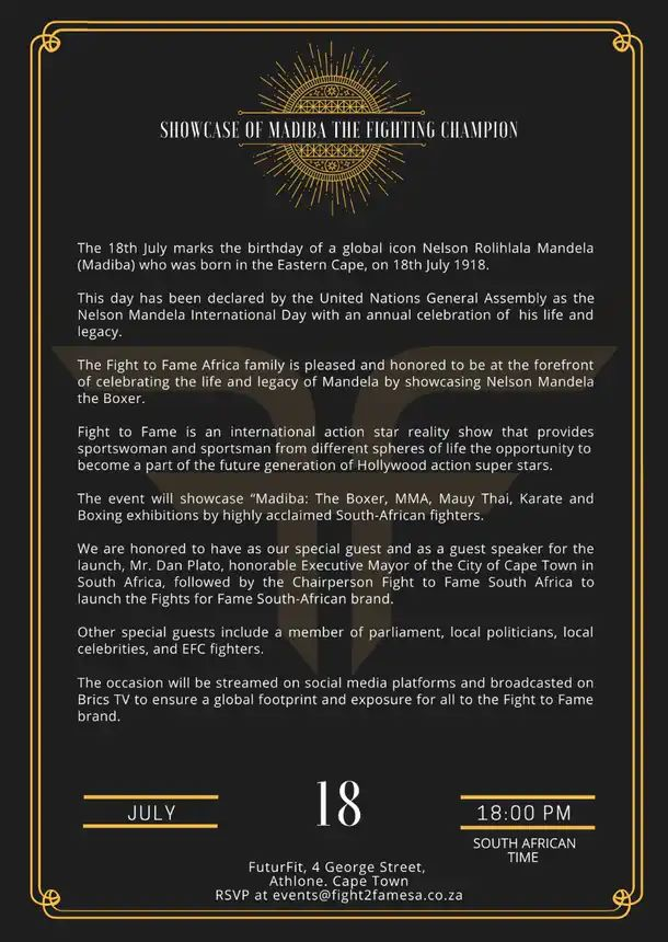 FightFameAfrica's tweet photo. Dear South Africa! You are hereby cordially invited to the #MandelaDay2020 event of the year! 

#Blockchain #Movies #Sport #BMS #FightToFameAfrica #FFToken @mauricepaige2 @YoungstaCpt @iamSivN @Zamelekhaya @fighttofame @fighttofameSN @FameMexico @FighttofameP @MmaMzansi #BLM https://t.co/Bd8HJabbog