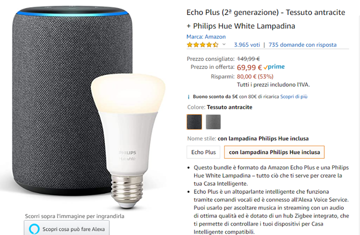 Soluzionixcasa's tweet photo. ➡️ SUPER PREZZO Echo Plus (2ª generazione) + Lampadina Philips Hue 
✅ ️solo 69,99€
🔹 https://t.co/Q17hKbxKe5
🚚 Spedizione: AMAZON https://t.co/powxn8ITBi