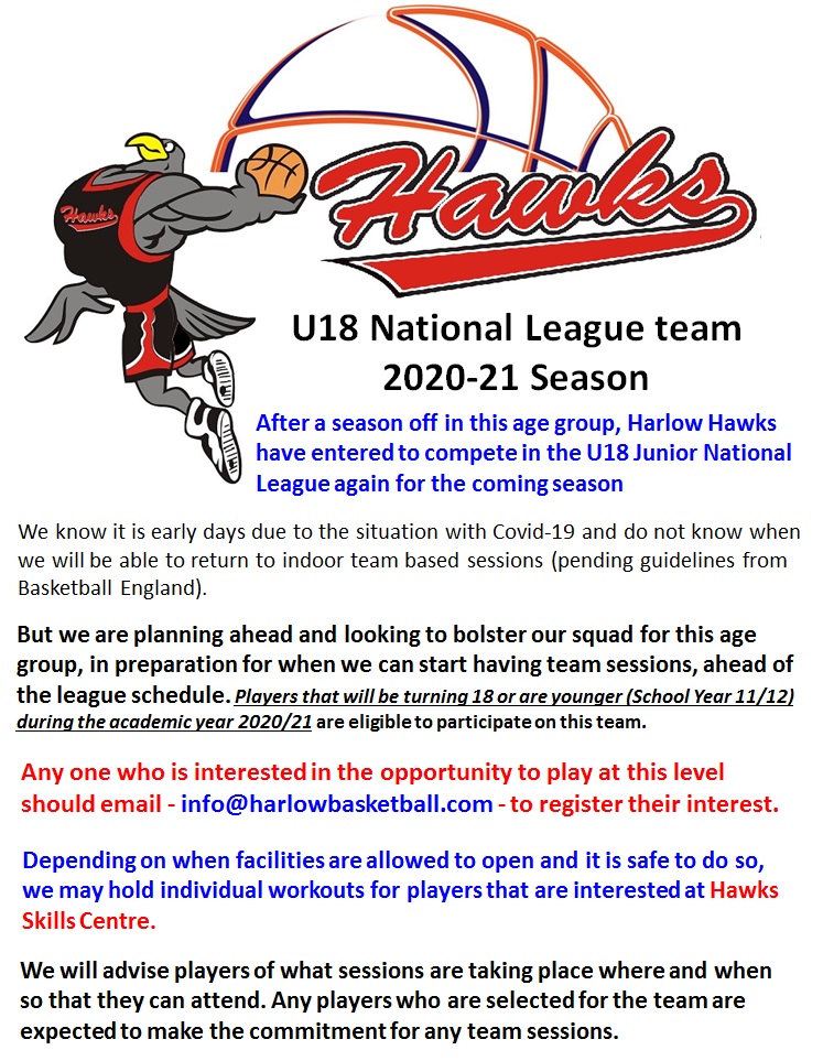 Harlow Hawks are looking to add players to their U18 National League team for the coming season. Like other sports the normal scheduling and routine of how teams prepare and train for the regular season are on hold until further guidelines are given by the governing body.