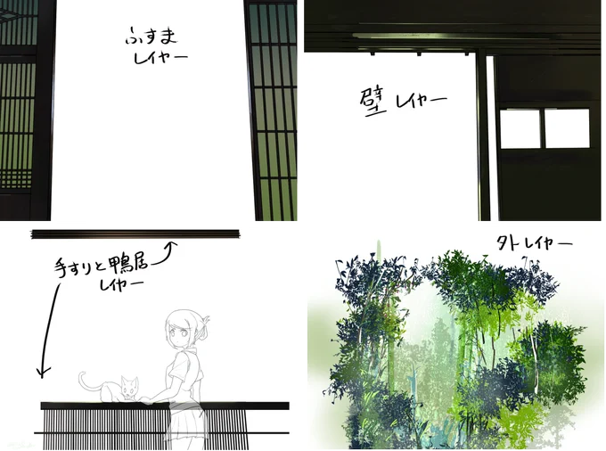 バラすとこんな感じ
スポイトでチューチュー吸いながら色載せたんだけど、思いました
"リアルさ"って色と光で大体決まるもんなんやな...って

ついでに解説皆無の制作過程をpixivに載せました
梅雨明け前 | 農民◆joeManyODw #pixiv https://t.co/jC0tPOMl57 