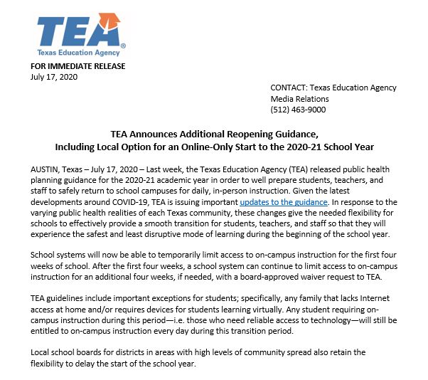 teainfo's tweet image. PRESS RELEASE: TEA Announces Additional Reopening Guidance Including Local Option For Online-Only Start to 2020-2021 School Year #txed

📽️youtu.be/ee_H01EDm-4