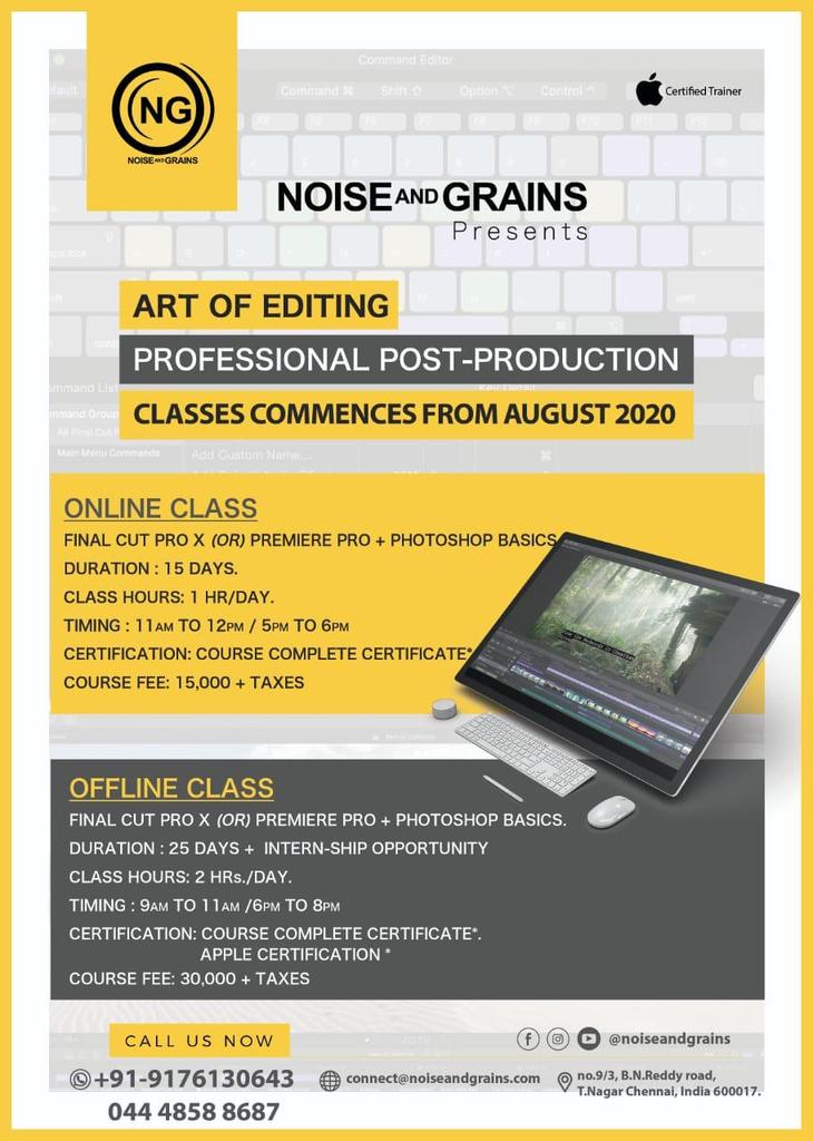 rs_prakash3's tweet image. #ArtofEditing is the new division of Noise &amp;amp; Grains the brand known for their live shows with a view to train  budding editors. The syllabus comprises of Final Cut Pro X, Premiere Pro &amp;amp; Photoshop. Contact
+91 9176130643 or write to connect@noiseandgrains.com