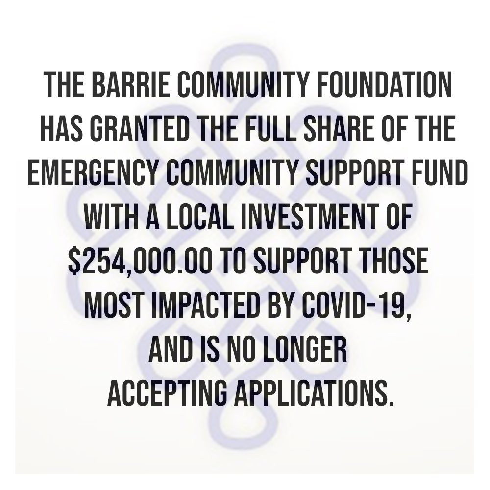 BarrieCommunit1's tweet photo. The Barrie Community Foundation has granted the full local share of the Emergency Community Support Fund with a local investment of $254,000.00 to support those most impacted by COVID-19, and is no longer accepting applications. https://t.co/JtrEscdPXC