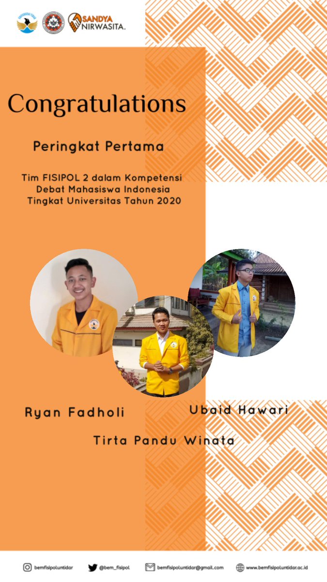 bem_fisipol's tweet photo. Halo, ada kabar gembira nih fren! 

Selamat untuk teman-teman FISIPOL yang sukses memperoleh juara dalam ajang lomba Tidar University Debating Championship 2020 dan Kompetensi Debat Mahasiswa Indonesia Tingkat Universitas 2020. https://t.co/B8bCA0qH7c