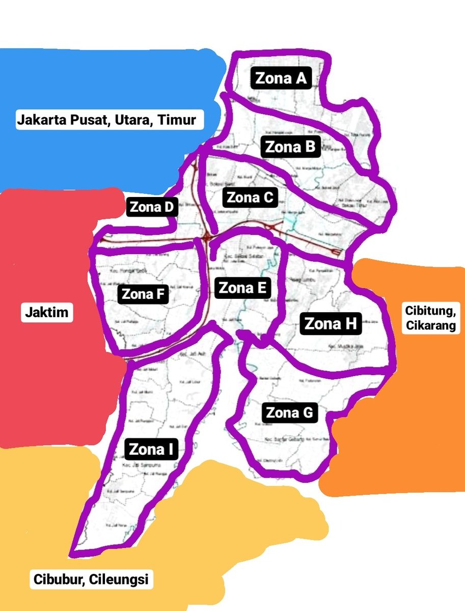RANGKUMAN:1. Kalo lo bergantung sama Jakpus, Jakut, Jaktim (utara), pilih rumah di Zona A, B, C.2. Kalo lo bergantung sama Jaktim (selatan), di D, F, dan I.3. Kalo bergantung sama daerah industri Kab Bekasi, tinggal di G dan H.4. Mau masuk Republik Cibubur? Tinggal di I.