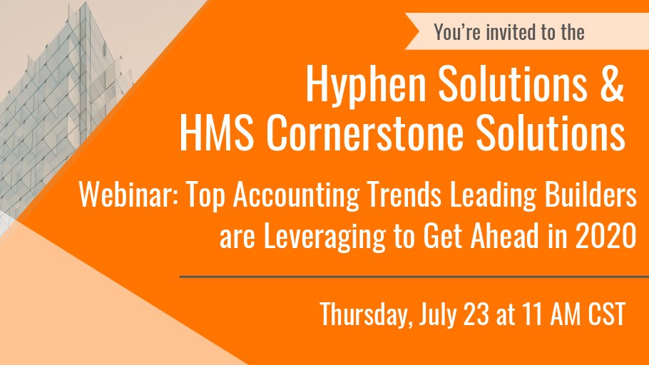 HyphenSolutions's tweet photo. Join Hyphen Solutions and @AskCornerstone for a 1-hour webinar to gain valuable insight on what top builders are doing to get ahead in 2020. Click here to register: https://t.co/j0lGGndunO
#Webinar #Accounting #Software #HomeBuilding https://t.co/qgBXFEzqPa