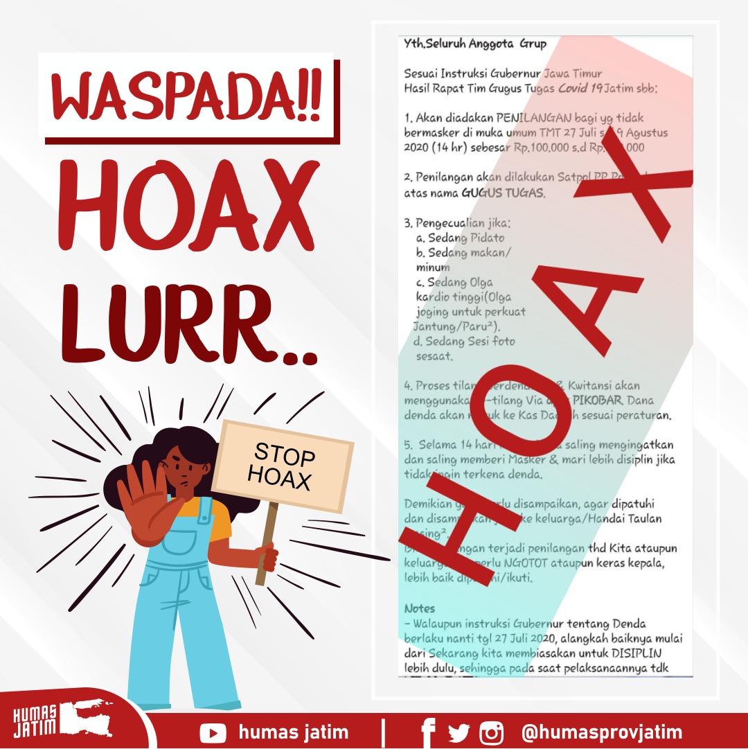 humasprovjatim's tweet photo. Terkait pesan berantai dipastikan bahwa informasi tersebut adalah Hoax. Gubernur Jawa Timur @KhofifahIP tidak pernah menginstruksikan seperti pesan di atas.
.
#beritahoax
#khofifah
#emil
#arumi
#jawatimur
#nawabhaktisatya
#gubernur
#gubernurjatim
#eastjava
#wonderfuleastjava https://t.co/HJAYlKMqlP