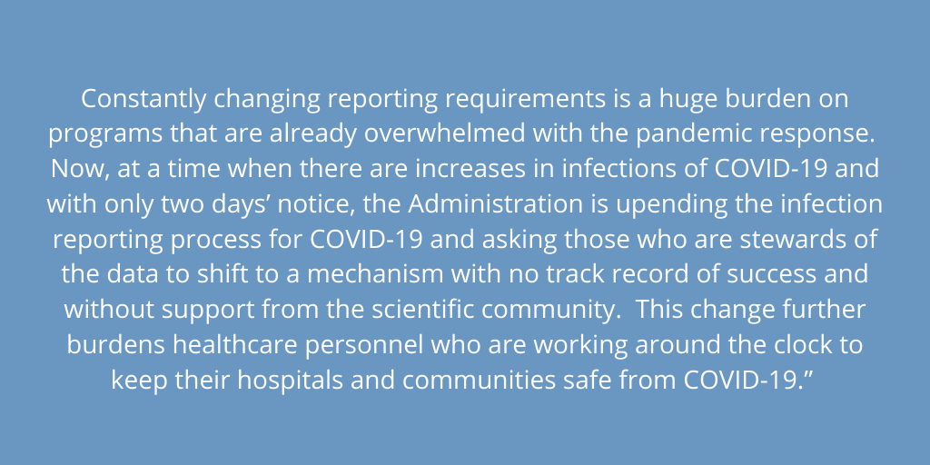 “APIC is very concerned about the recent announcement that hospitals will no longer be reporting COVID-19 data to <a href="/CDCgov/">CDC</a> 's NHSN and instead will be required to send data to the <a href="/HHSGov/">HHS</a> on a daily basis..." Read more of APIC's statement: 

ow.ly/dCsm50AB6UN