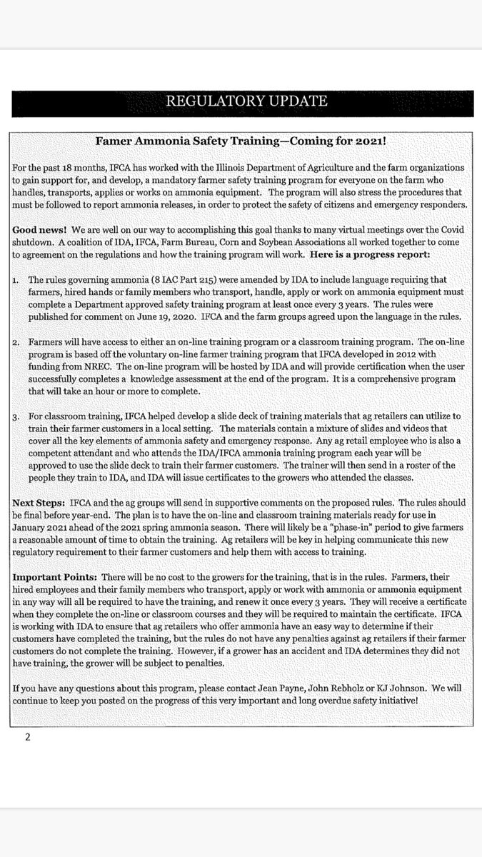 Starting in 2021. Anyone on the farm who handles, transports, applies, or works with ammonia is required to take an ammonia saftey course. Attached is the IFCA’s letter explaining the new update.
