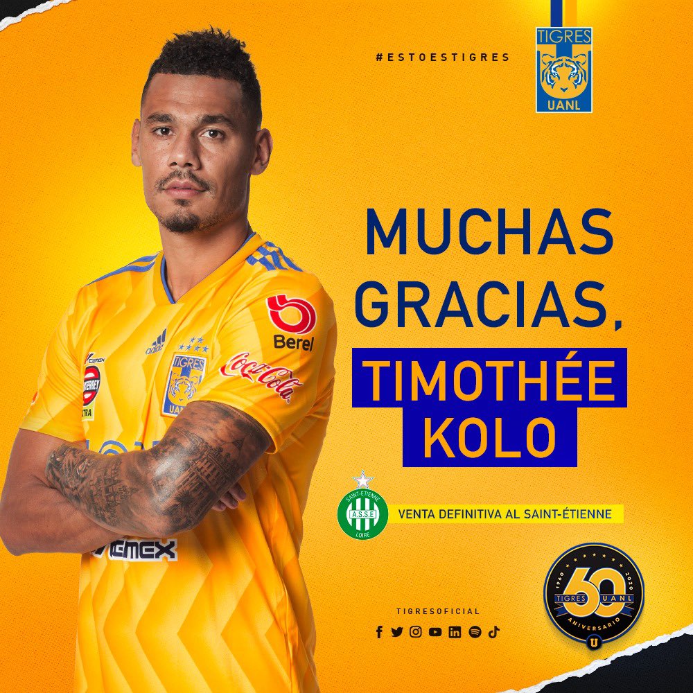 ➡️ Agradecemos a <a href="/TimotheeKolo/">tkolo15</a> por haber vestido nuestros colores e informamos su venta definitiva al <a href="/ASSEofficiel/">AS Saint-Étienne</a>. 

#EstoEsTigres 🐯
#6DecadasDeTigres 🟡🔵