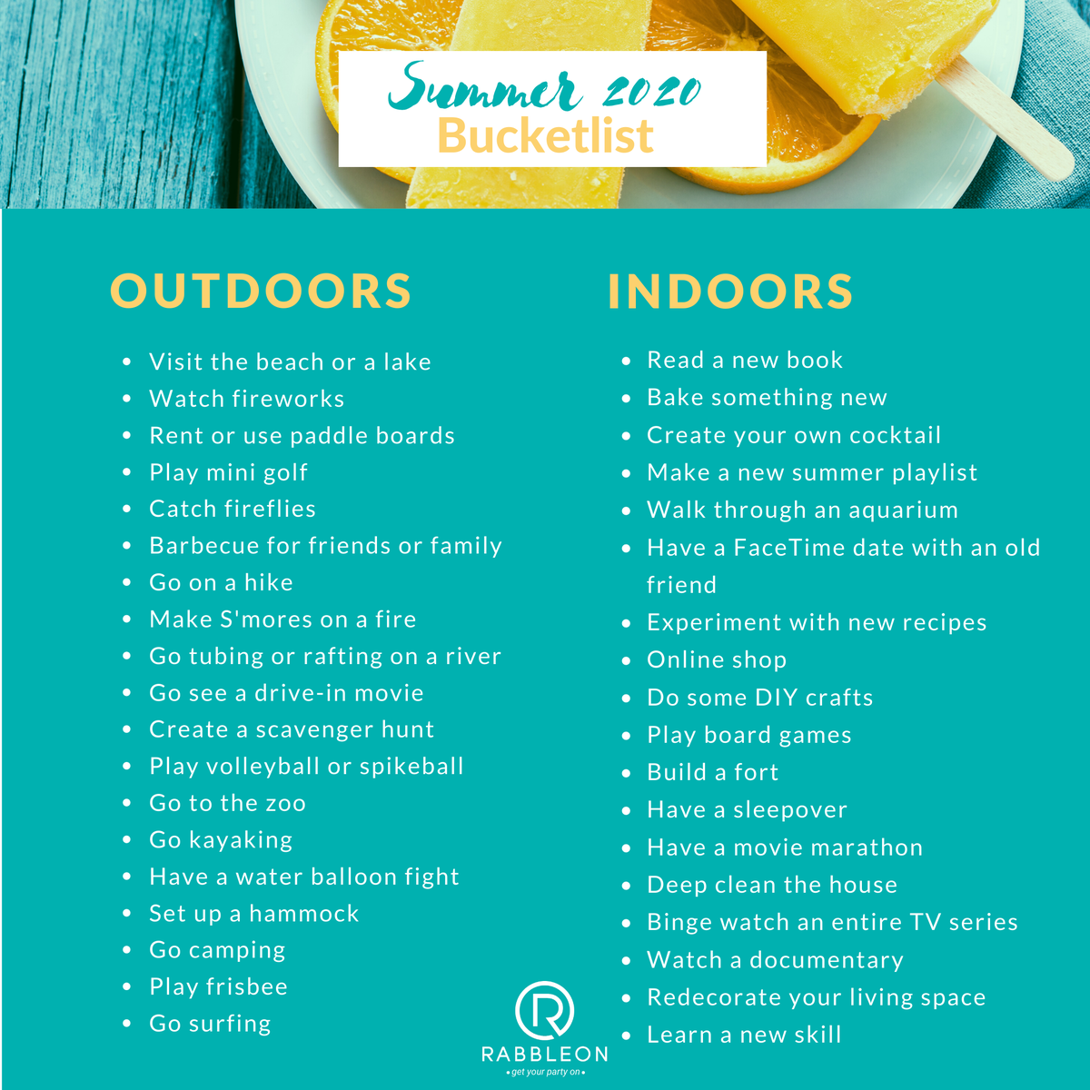 rabble_on's tweet photo. Our Summer 2020 Bucketlist will be the perfect addition to your summer days ahead - perfect for families &amp; adults! Simply screenshot &amp; enjoy checking items off the list! 

#rabbleon #getyourpartyon #bucketlist

https://t.co/AuMFQJtD7D https://t.co/1QEF8ZM1mr
