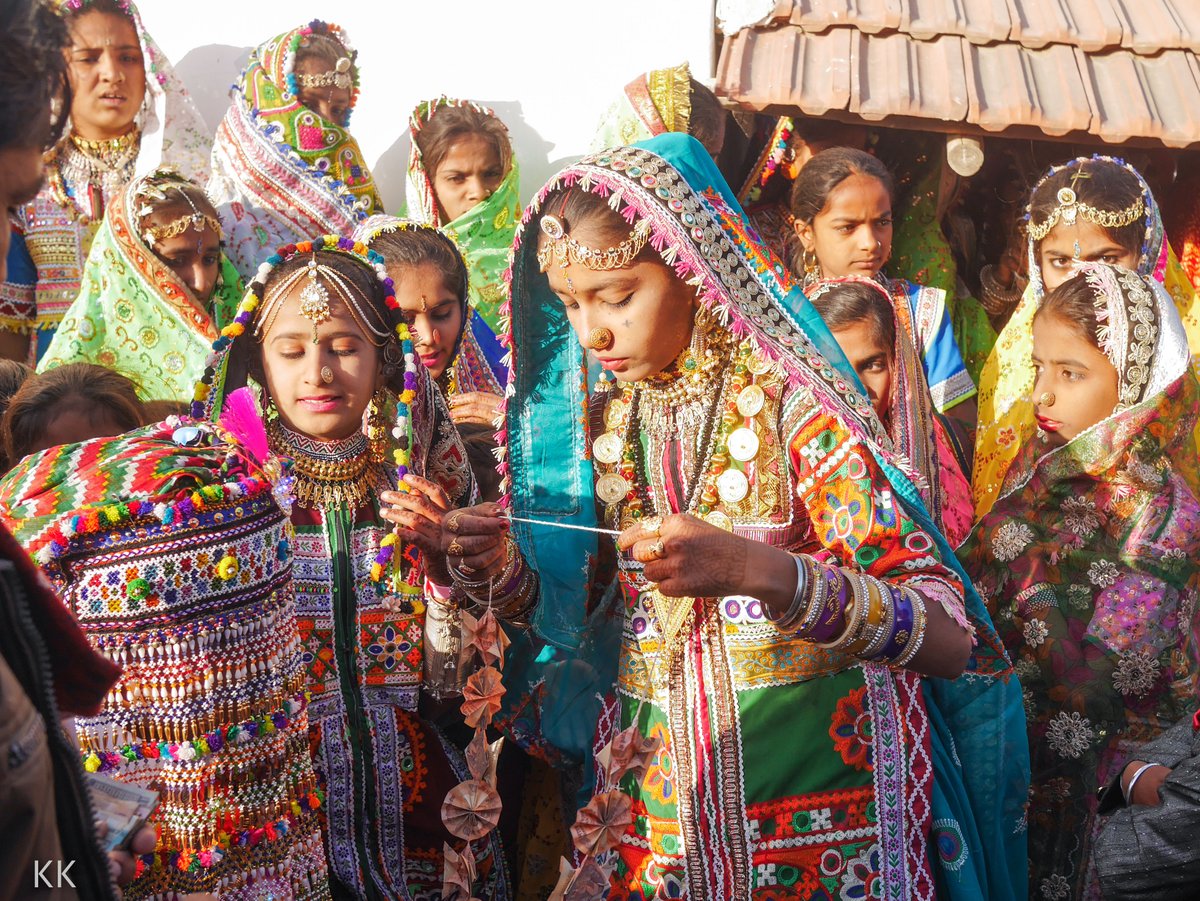 kevin2kelly's tweet photo. Dressed in clothes they embroidered themselves, girls of the Marvada tribe prepare their cousin, behind the veil, for a wedding ceremony in Gujarat, India,  Photo from my book #VanishingAsia #Gujarat #Marvada https://t.co/eK7FdhkhlY