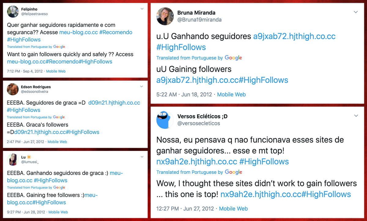 The repeated tweets sent by these accounts offer possible corroboration of the theory that the accounts were compromised - hundreds of thousands of tweets (mostly in Portuguese) promising free followers if you visit some (now-defunct) obscure website.