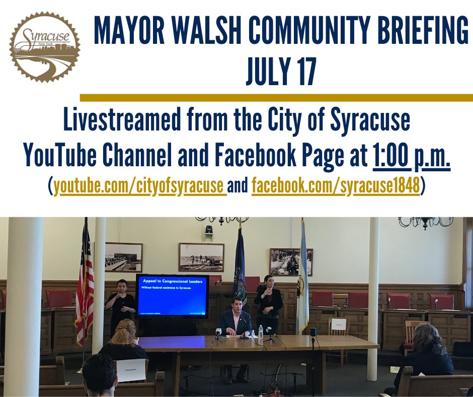 Syracuse1848's tweet photo. Mayor Ben Walsh will deliver his weekly Community Briefing today at 1 p.m. Tune in to watch the live stream via the City of Syracuse - Office of the Mayor Facebook page and City of Syracuse YouTube channel. https://t.co/L7Lh7AR3A1