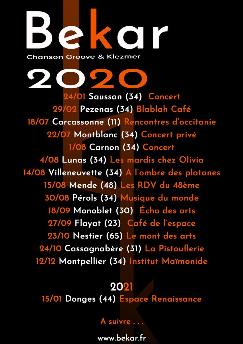 Bekarmusic's tweet photo. ♮♮♮ Avec tout le plaisir du monde et toutes les précautions sanitaires en vigueur, nos dates 2020! On partage? 😃🤩👇 https://t.co/EmeUmovt5g