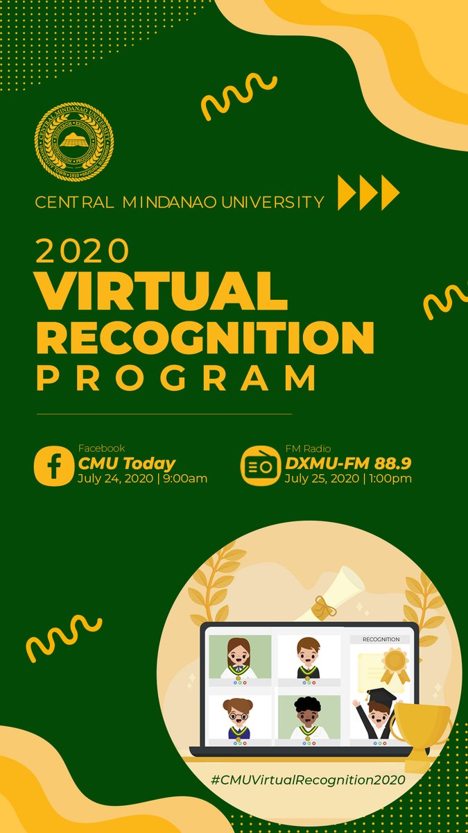 CMUofficial's tweet photo. CMU will hold the 2020 Virtual Recognition Program.

Honor Students, Awardees, Parents, and Guests are invited to watch the program from the official CMU Fb Page, 'CMU Today' on Friday, July 24, at 9 AM.

#cmuvirtualrecognition2020 #CMUTODAY https://t.co/QKxmkZ2jmn