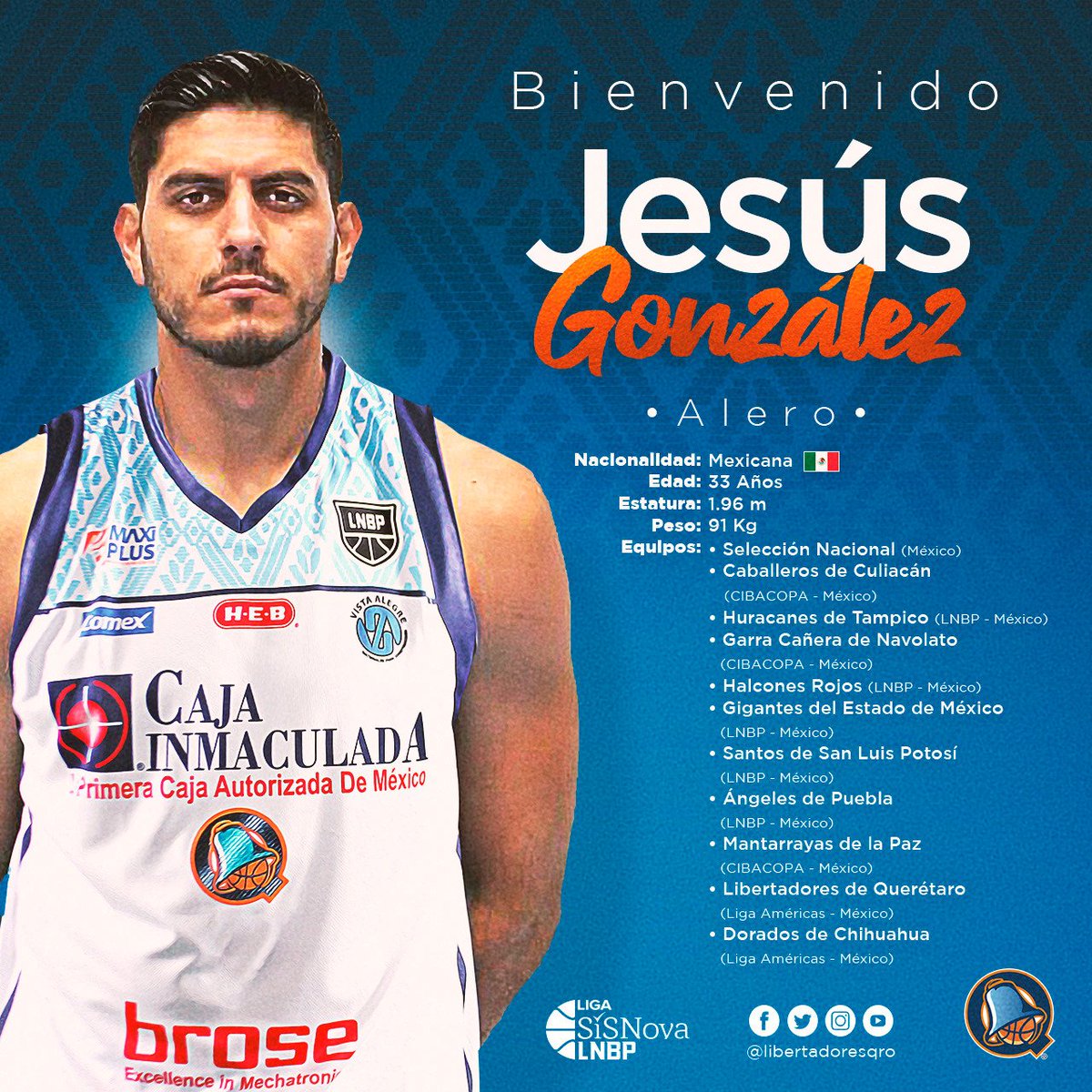 LibertadoresOfi's tweet photo. Jesús González defenderá nuestros colores en la Temporada 2020 de la @LNBPoficial
#SomosLibertadores #RuidoQuerétaro
@omarquintero_11
@jhonyville
@miguelramcam0 
@irwinavalos91
@HEB_mexico
@PlazaCamelinasH
@ElectrobikeQ
@PinturasComex
@LaPopular1907
@FuerzaMexa https://t.co/FzB6Hwj55Q