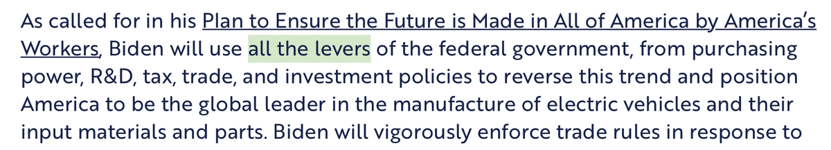 What's notable about the plan is how much it emphasizes the auto industry, which is Biden's 2nd main focus. Biden wants America to be a leader in electric vehicles and will deploy "all levers" to make it happen.