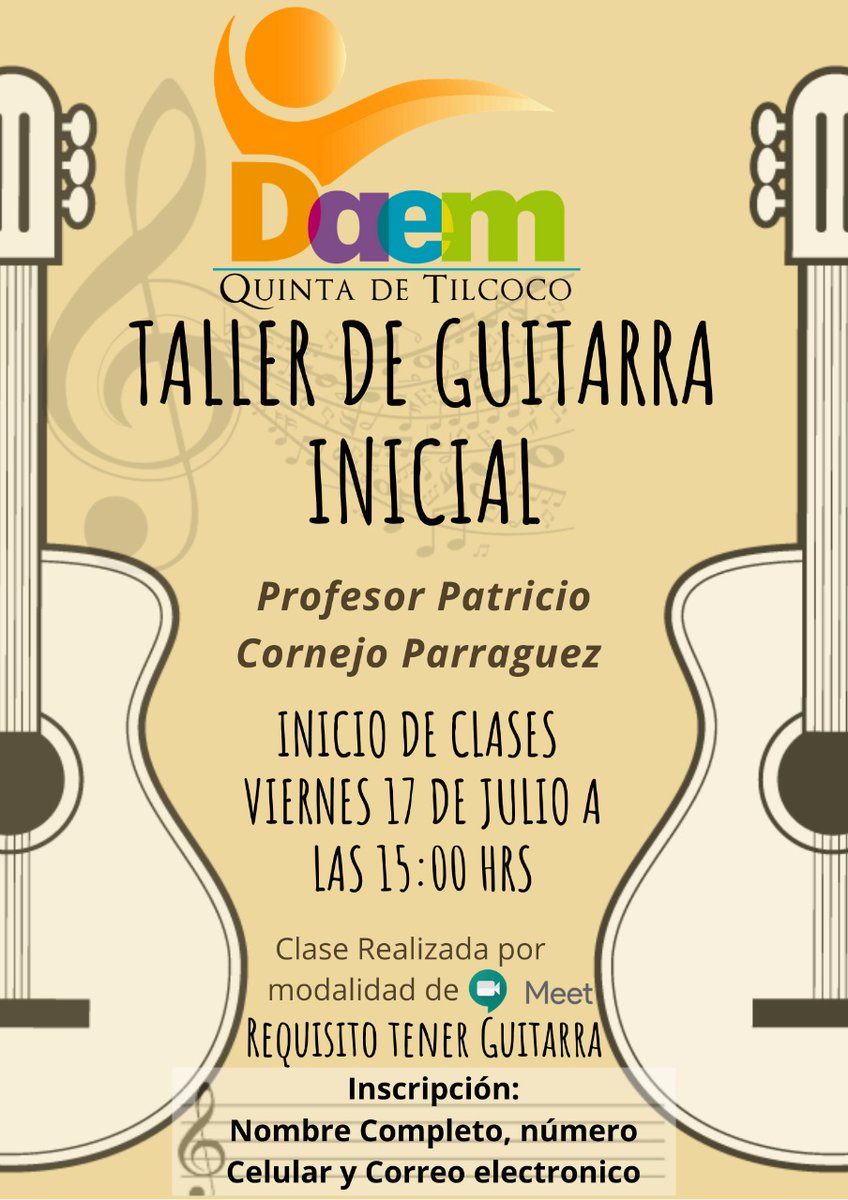 MuniQta's tweet photo. El Departamento de Educación Municipal de Quinta de Tilcoco, te invita a participar del taller de Guitarra que ofrecerá el Profesor Patricio Cornejo Parraguez, mediante la plataforma de videoconferencia Meet, desde el día viernes 17 de Julio.

https://t.co/XofPK67b7R https://t.co/6UZLWaH5x7