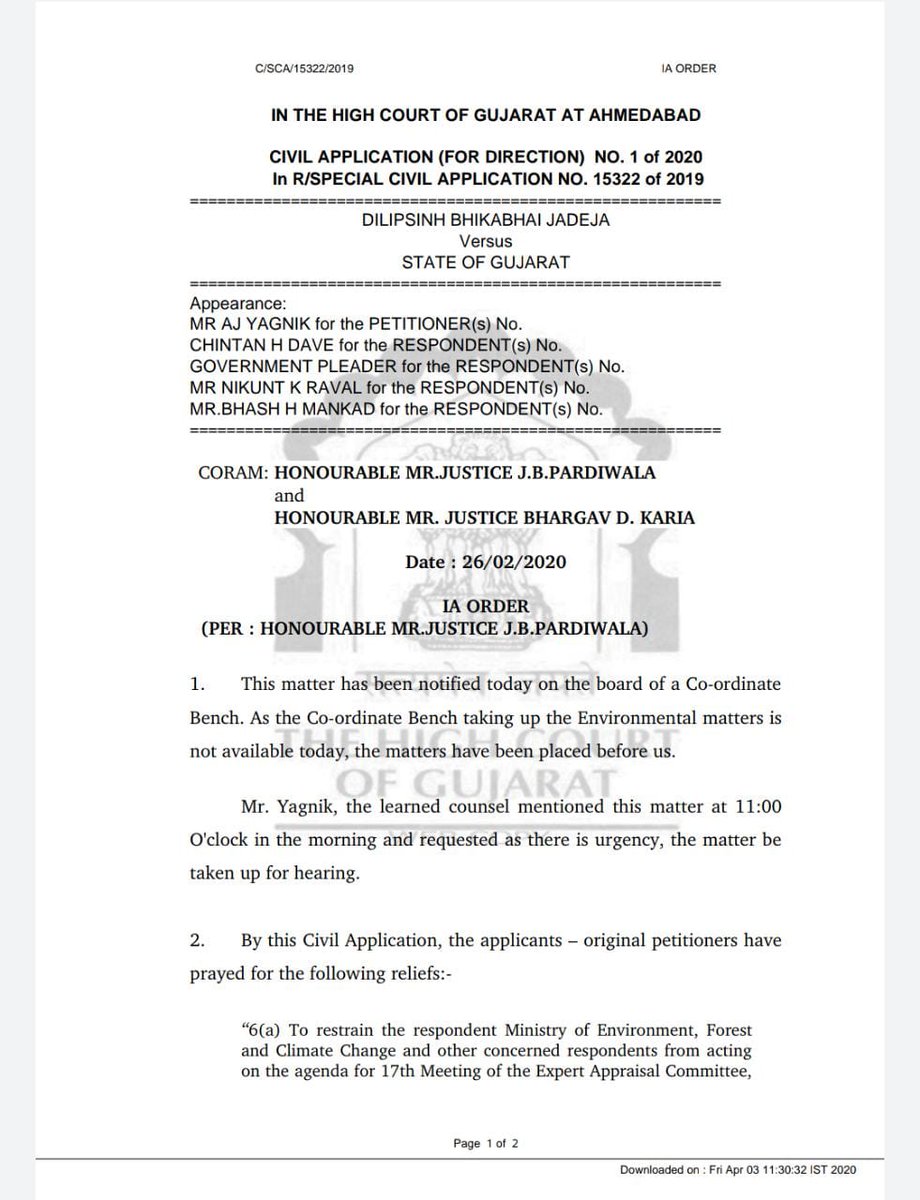 Special Civil App no. 15322 of 2019 was filed with the HC of Gujarat against this PC notice and hearing was scheduled on 26.2.2020. Meanwhile,EC application, filed without the PH process, for expansion of refinery was also listed on 26.2.20 to be heard by EAC(3/7)  @Anand_Yagnik