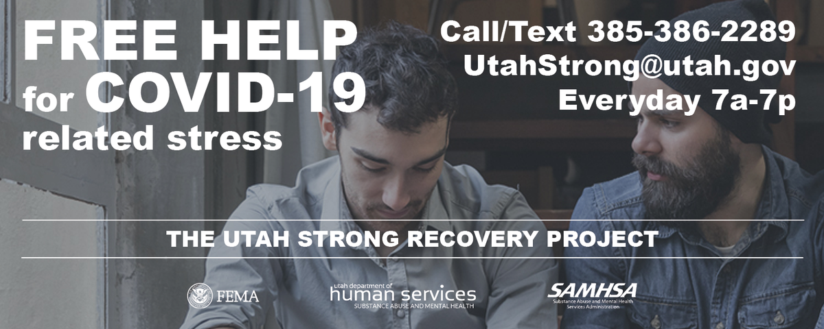 UtahDHHS's tweet photo. The #UtahStrong Recovery Project offers FREE help for COVID-19 related stress. 
Call or text 385-386-2289 or email utahstrong@utah.gov for crisis counseling mental health education, and referrals if more help is needed.
Everyday from 7a-7p. Spanish and other languages available. https://t.co/DiGcGmGgOH