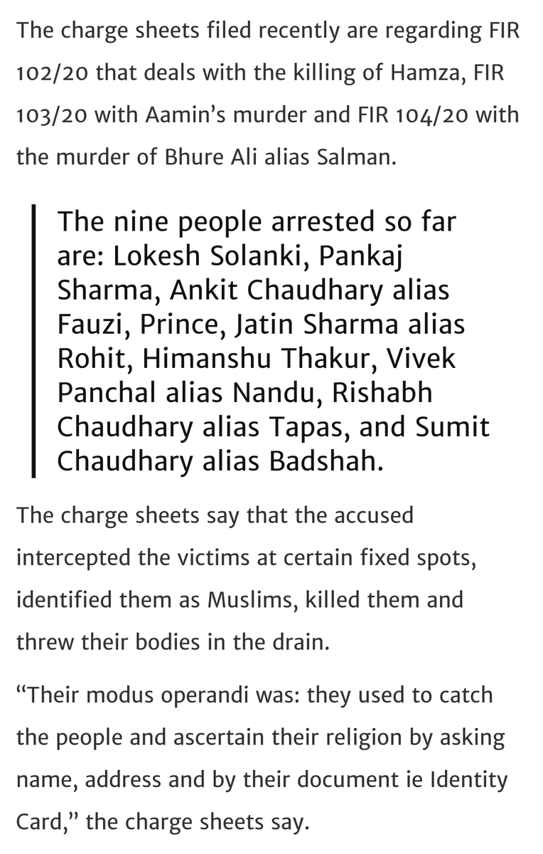 I didn't want to do this but someone made an accusation that majority of killing of Muslims in Delhi pogrom was by Dalits. This is baseless.Example: Caste of 9 people arrested in FIR 102, 103: Thakur, Brahmin, Jat, unknown, Thakur, OBC, Jat, Jat1/n https://www.google.com/amp/s/www.thequint.com/amp/story/news%252Fpolitics%252Fnortheast-delhi-riots-kattar-hindu-whatsapp-group-chargesheet-muslims