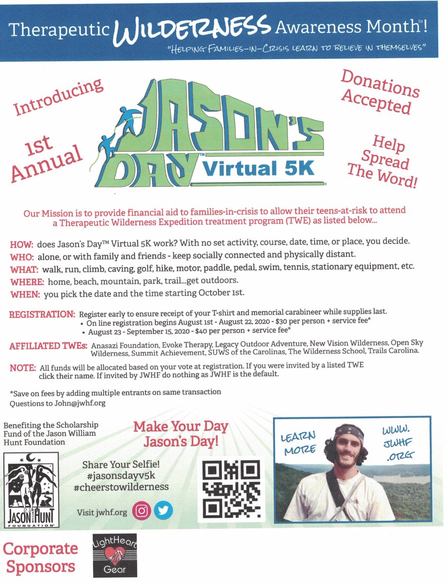 A message from the Jason William Hunt Foundation! 

Registration for the Jason's Day Virtual 5K is open from August 23- September 15th