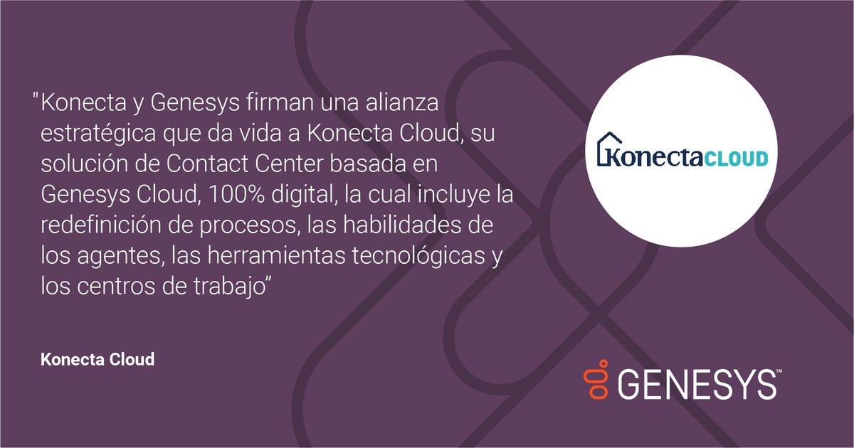 Genesys_LATAM's tweet photo. Konecta Cloud permite que los agentes puedan realizar su trabajo indistintamente del lugar, permitiendo así una adaptación del puesto de trabajo a los requerimientos de cada situación. @gkonecta @konectacbia
#AhoraDesdeCasa #ContactCenterCloud #AgentAnyWhere #KonectaCloud https://t.co/rLfnBUqHtj