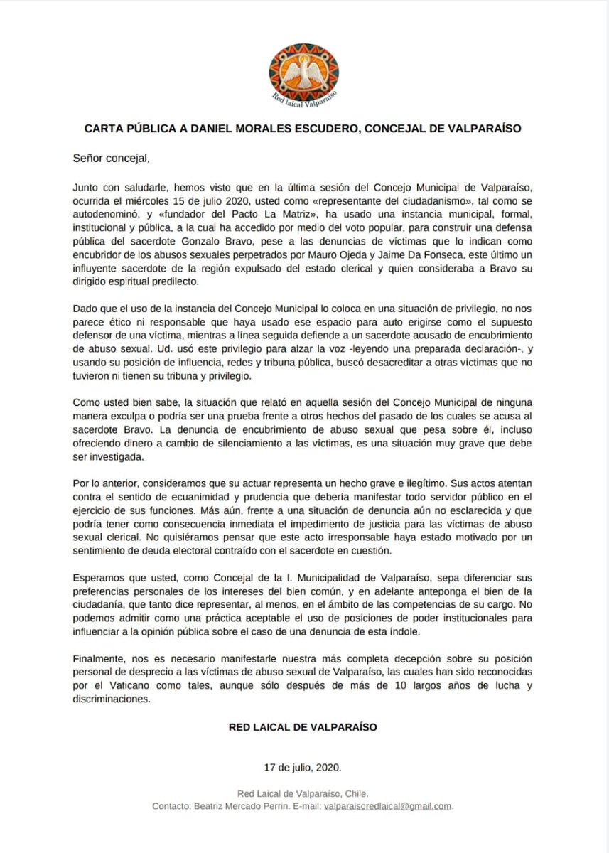 RedLaicalValpo's tweet photo. Carta pública a Daniel Morales @DanielPorVap concejal de Valparaíso ante el uso de su cargo para defender a sacerdote Gonzalo Bravo acusado de encubrimiento por victimas de abuso sexual eclesiástico.
@iristos @sdelrioc https://t.co/F8gZ7yRy43