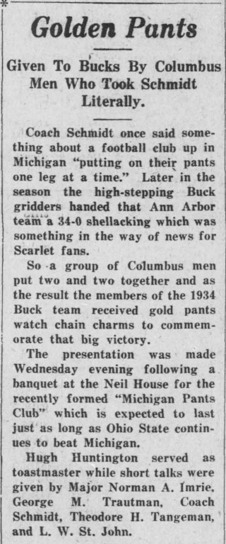 BuckeyeHistory's tweet photo. We heard that @OhioStateFB got some new hardware. Check out this Lantern article about how the 1934 team began the Gold Pants tradition. https://t.co/4iqV2C37Uv