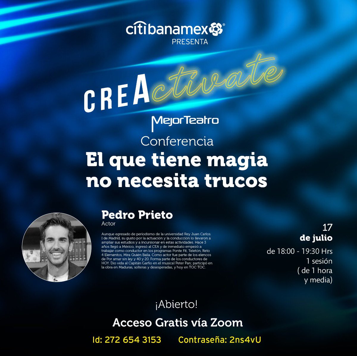 revistaboysmx's tweet photo. 🙌🏼 ::El que tiene magia no necesita trucos:: Hoy viernes 17 de julio a las 6pm, una conferencia top gratuita vía #CreActivate y @mejorteatro a través de ZOOM. Imparte el actor @PedroPrietoTv 🇲🇽⚡️🙌🏼 https://t.co/4LWxmfr15r