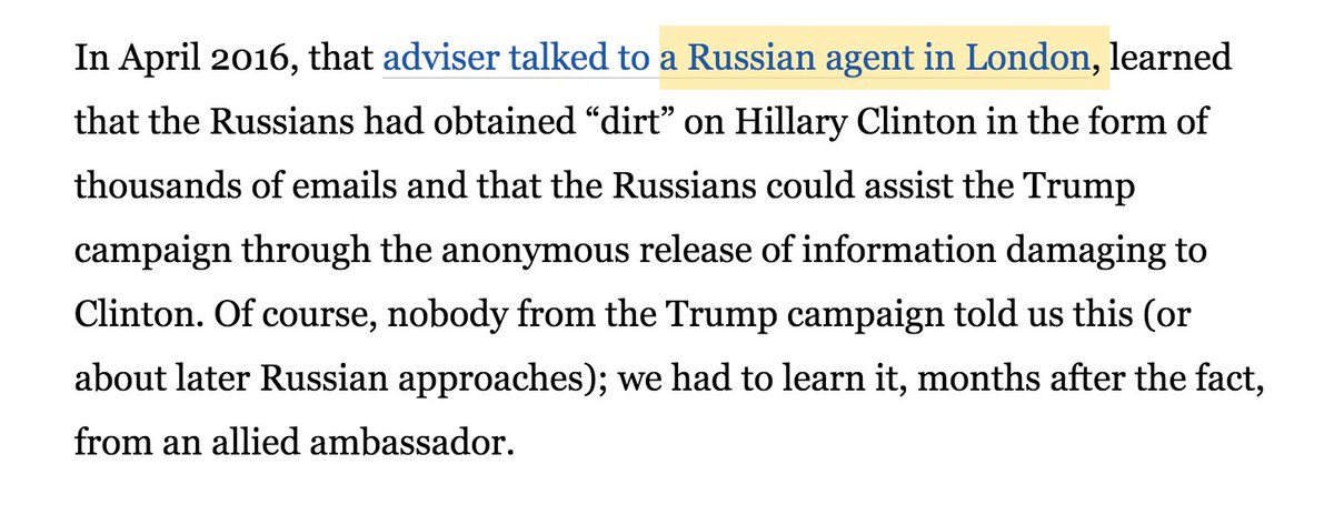 Q for  @Comey: new FBI docs show Strzok wrote: "We are unaware of ANY Trump advisors engaging in conversations with Russian intelligence officials." This was after FBI knew  @GeorgePapa19 spoke to Mifsfud. So why, 2 years later, did you claim that Mifsud is "a Russian agent"?