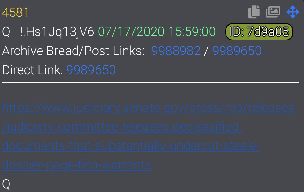  #QAlert 7/17/20 Q4581 https://www.judiciary.senate.gov/press/rep/releases/judiciary-committee-releases-declassified-documents-that-substantially-undercut-steele-dossier-page-fisa-warrantsQ